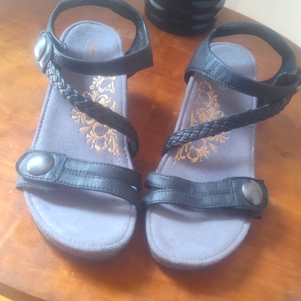 Aetrex black leather cork-lined wedge sandal